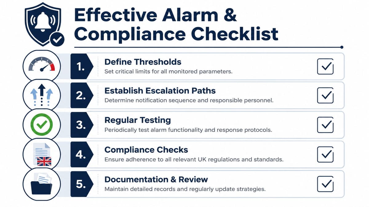 An infographic titled Effective Alarm and Compliance Checklist with five numbered steps for monitoring protocols.