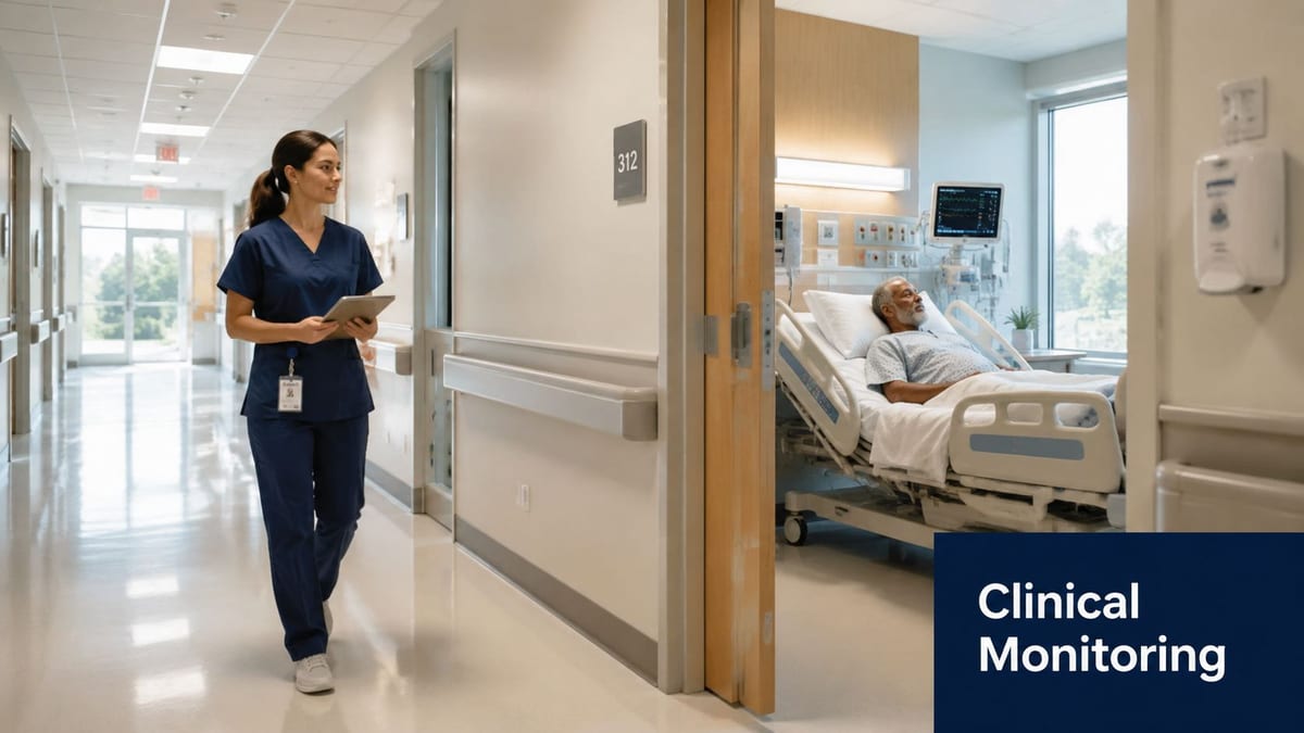 A healthcare professional walking through a hospital hallway while monitoring a patient in a room nearby.