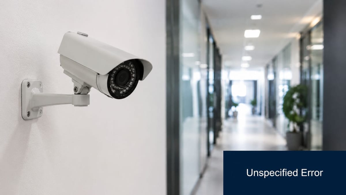 A modern security camera mounted on a white office wall overlooking a blurred long hallway corridor.