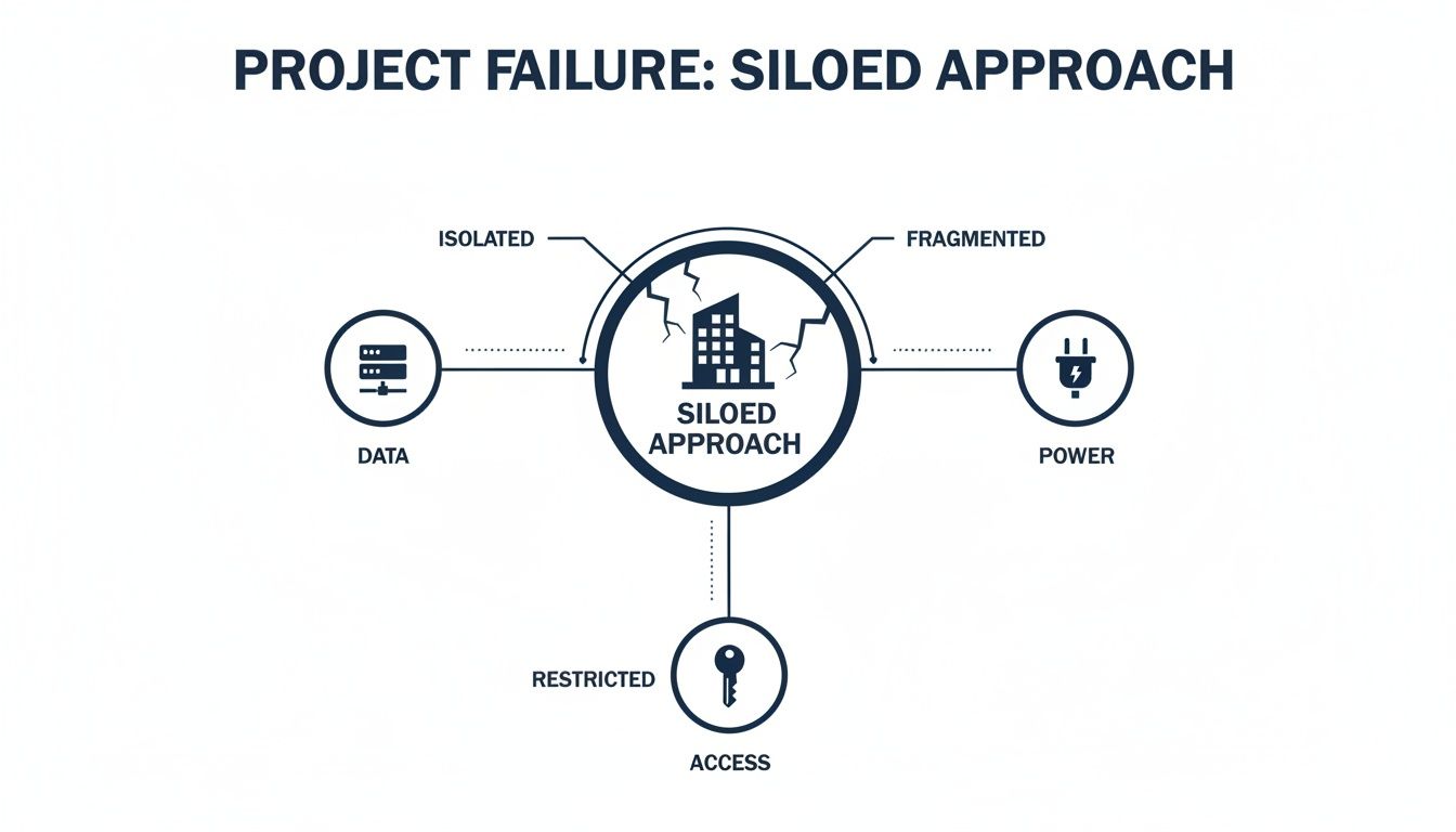 Diagram illustrates project failure from a siloed approach, showing isolated data, fragmented power, and restricted access.
