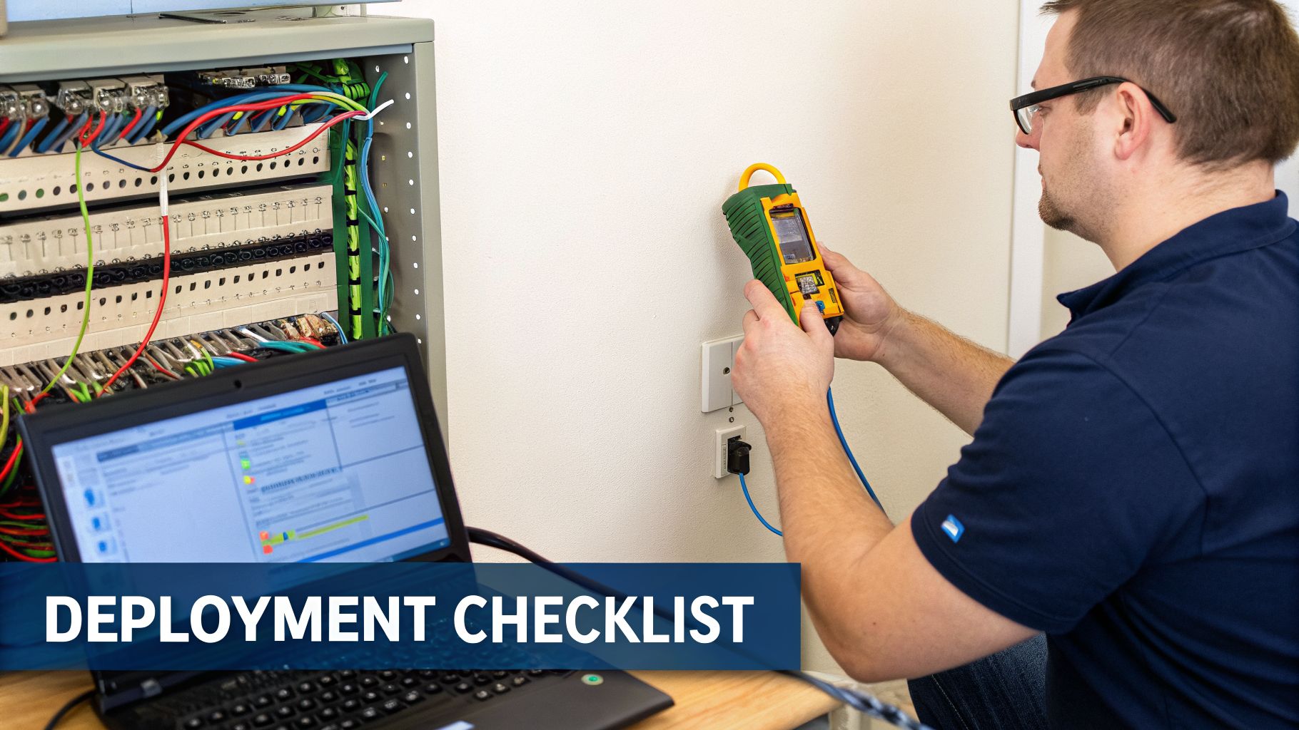 A technician tests network connections using a handheld device, laptop, and an open electrical panel.