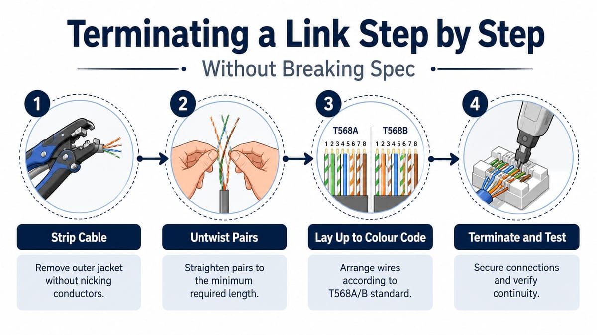 A four-step infographic showing how to properly terminate an Ethernet cable following T568A and T568B wiring standards.