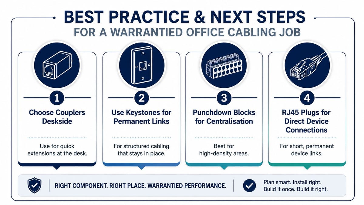 An infographic showing four steps for a warrantied office cabling job including couplers, keystones, and punchdown blocks.
