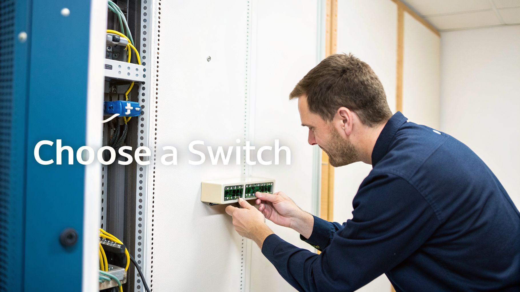 A technician installs an ethernet switch on a wall, with a server rack and cables visible. Text: Choose a Switch.