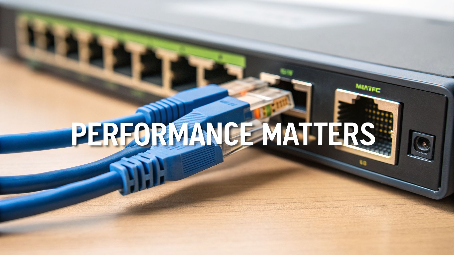 Two blue Ethernet cables plugged into a black network switch on a wooden desk, with 'PERFORMANCE MATTERS' text.