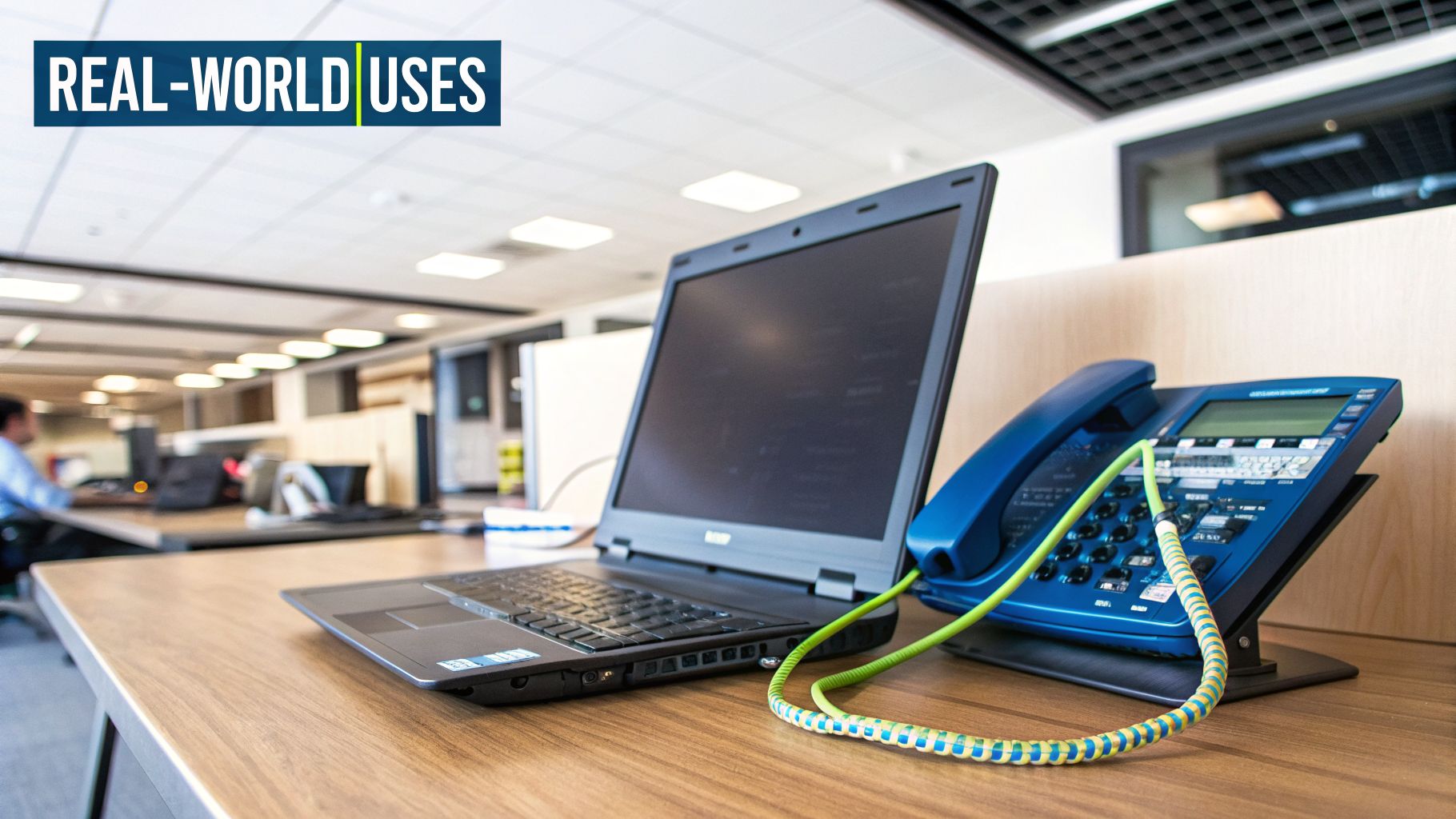 A laptop and a blue office phone with a colorful coiled cord on a wooden desk in a modern office.