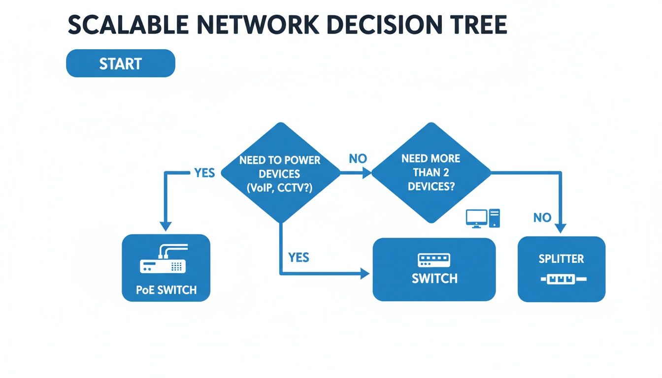 A scalable network decision tree flow chart demonstrating choices between PoE Switch, Switch, and Splitter.