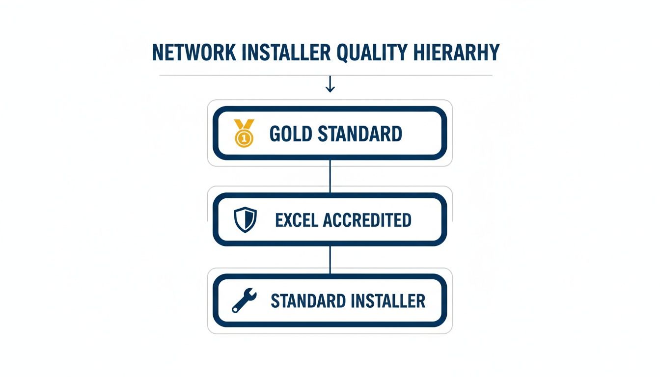 A diagram illustrating the Network Installer Quality Hierarchy, featuring Gold Standard, Excel Accredited, and Standard Installer.