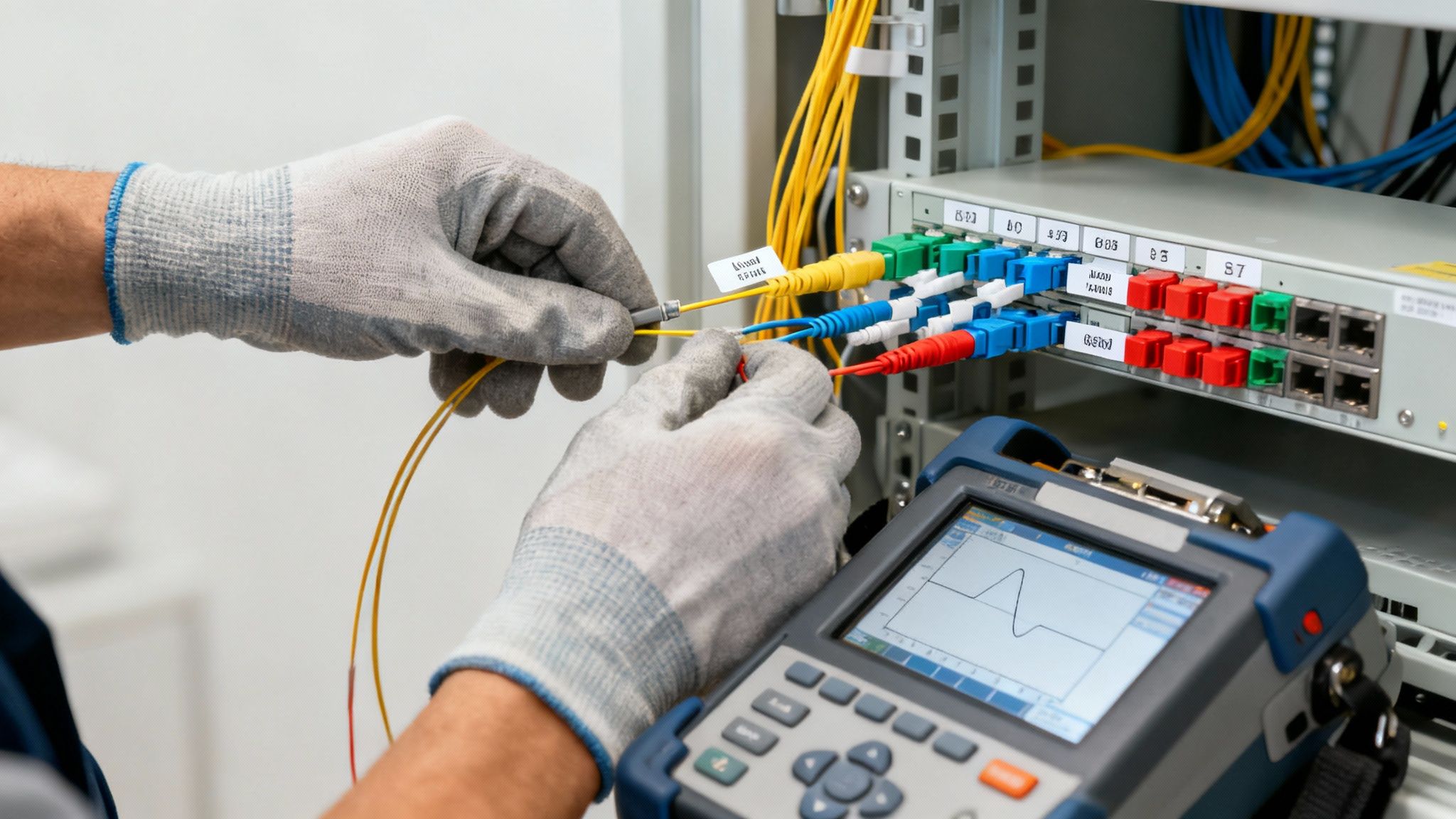 Technician testing fiber optic network cables with diagnostic equipment on patch panel