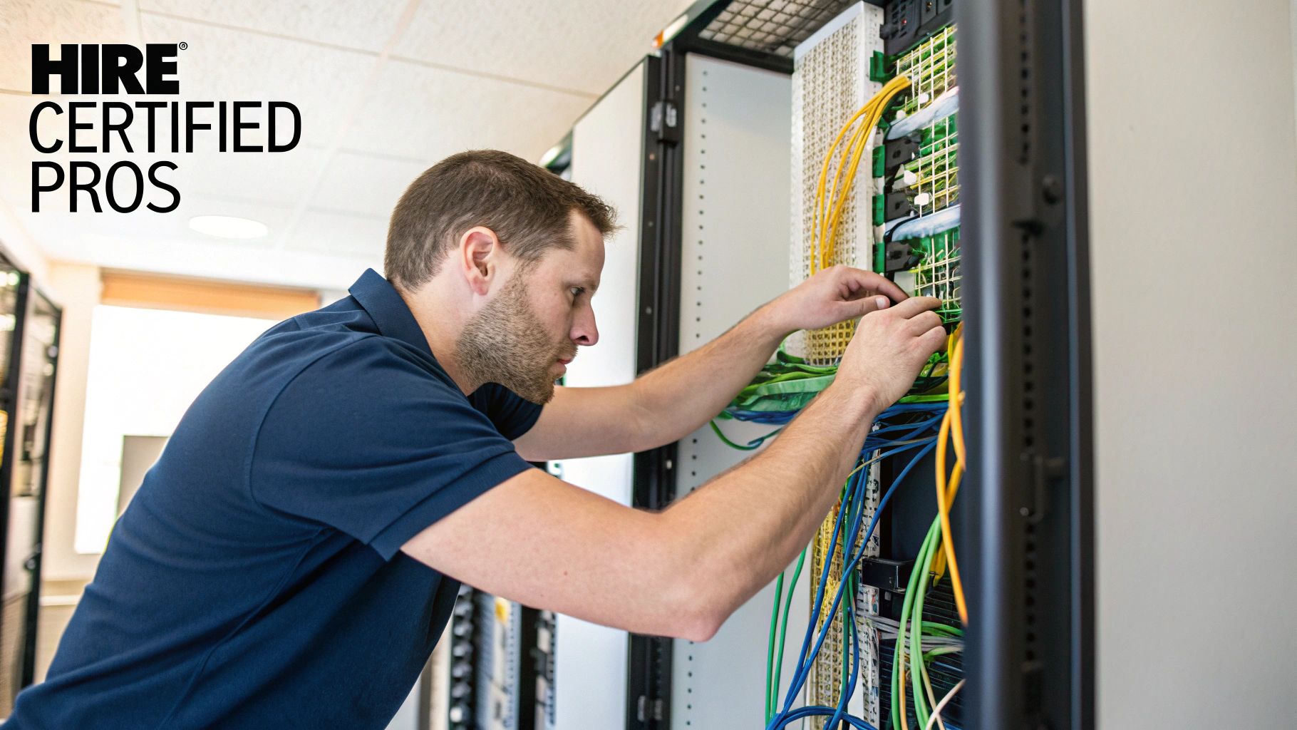 A male IT professional installs or maintains network infrastructure in a data center.