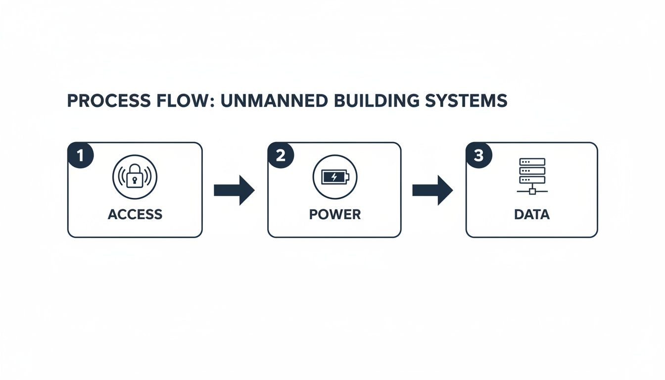 A process flow diagram for unmanned building systems, illustrating steps for access, power, and data.