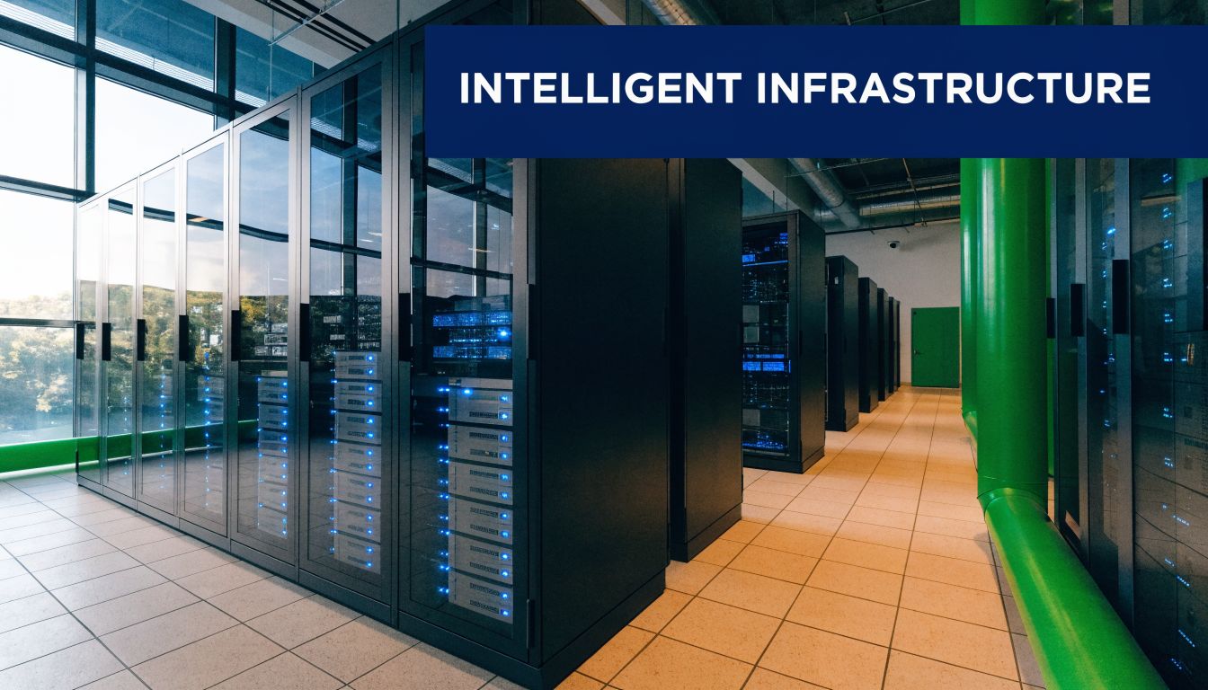A modern data center featuring rows of server racks with flashing blue LED lights on tiled floors.