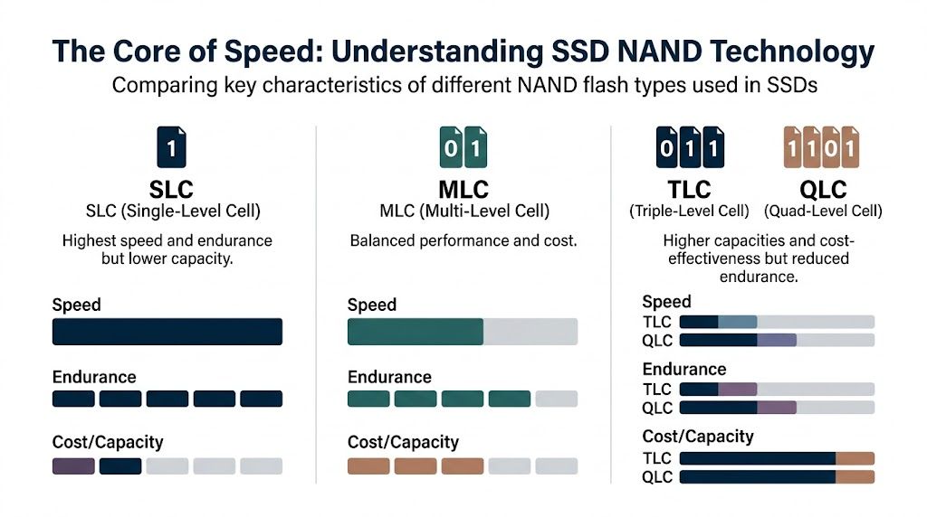 A comparison chart showing the speed, endurance, and cost efficiency of SLC, MLC, TLC, and QLC NAND flash memory.