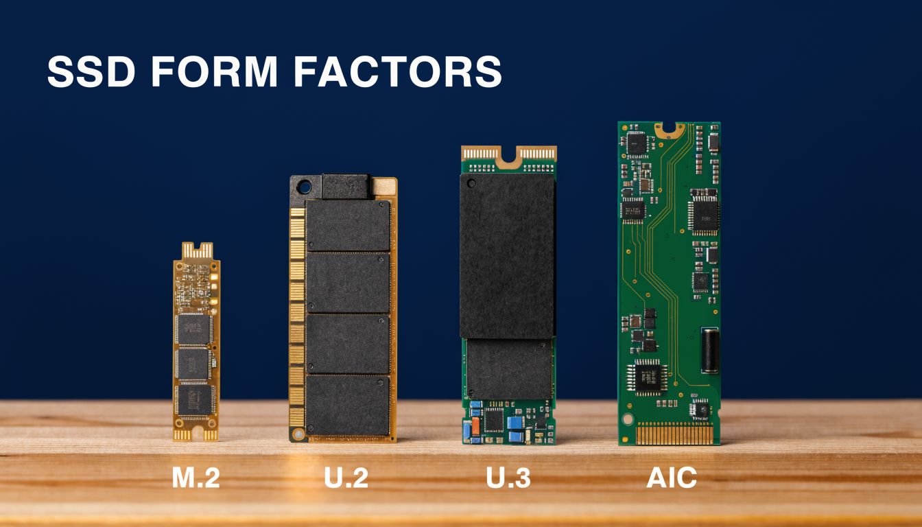 A selection of various solid state drive form factors labeled M.2, U.2, U.3, and AIC on wood.