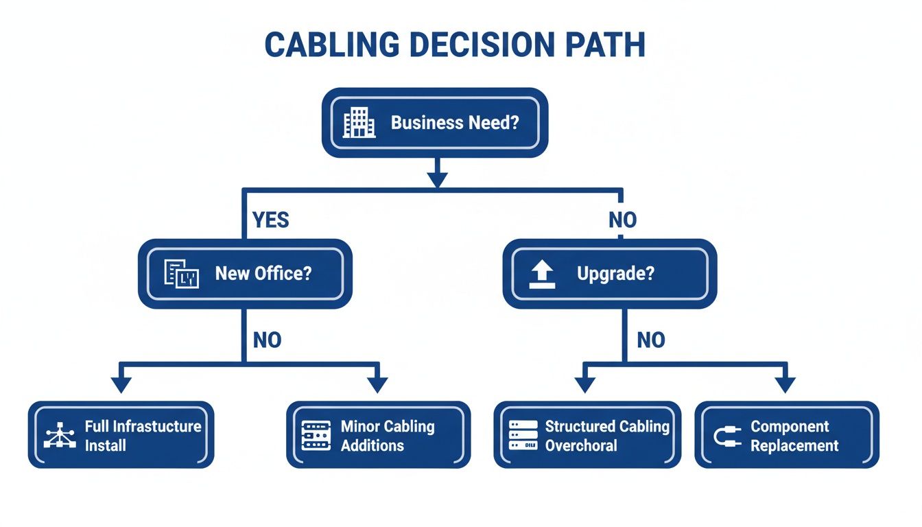Flowchart detailing cabling installation decisions based on new office, upgrade, or component needs.