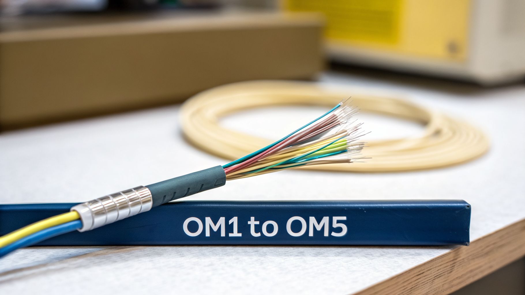 Stripped fiber optic cable with colorful strands next to a blue 'OM1 to OM5' label.