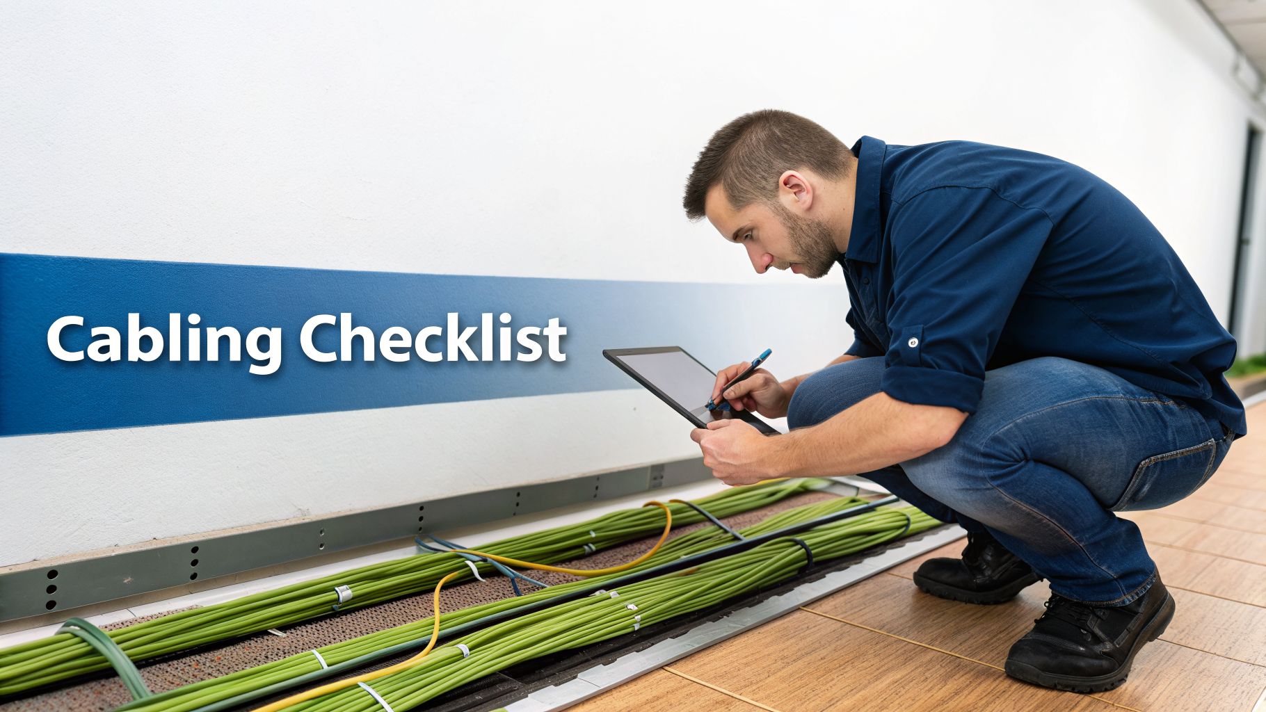 A technician reviewing a cabling checklist on a tablet while inspecting green wires on the floor.