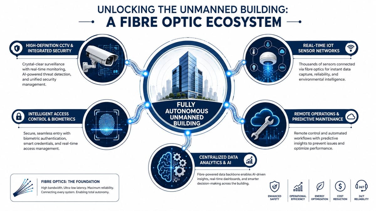 A diagram illustrating a fibre optic ecosystem connecting various smart systems in an autonomous unmanned building.