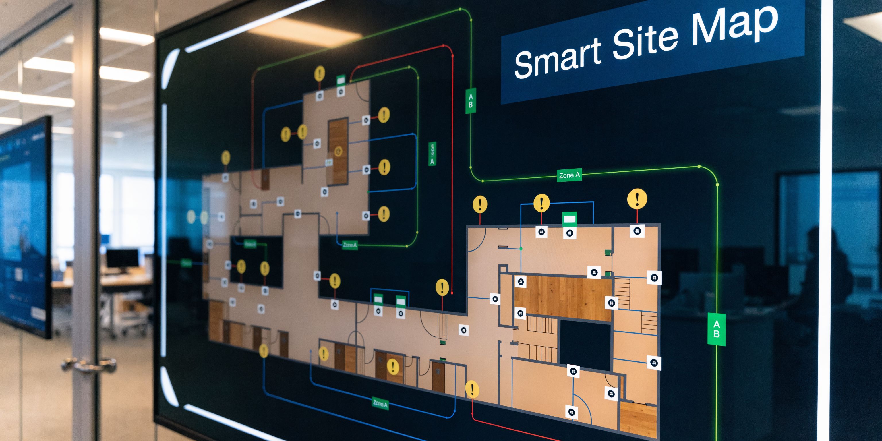 A digital screen in an office displaying a floor plan labeled as a Smart Site Map.
