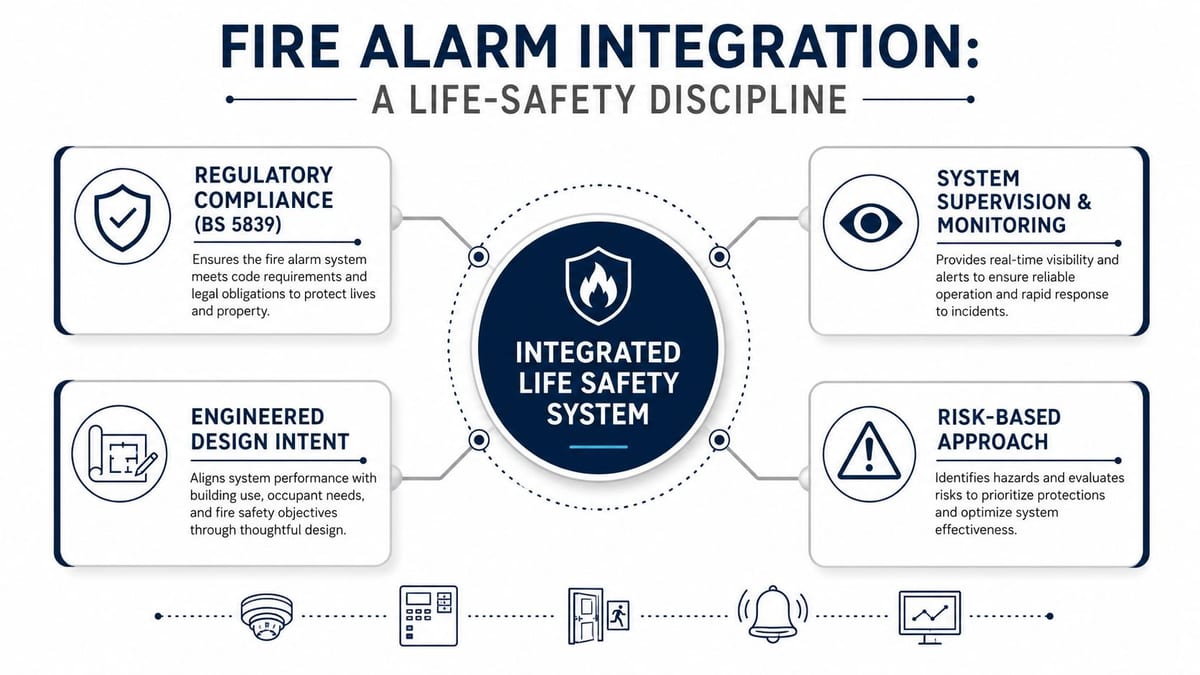 A diagram illustrating the four key components of an integrated fire alarm life safety system.