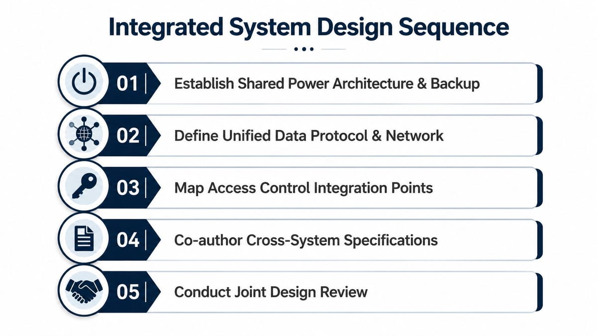 A five-step flowchart illustrating the Integrated System Design Sequence for fire alarm and security system projects.
