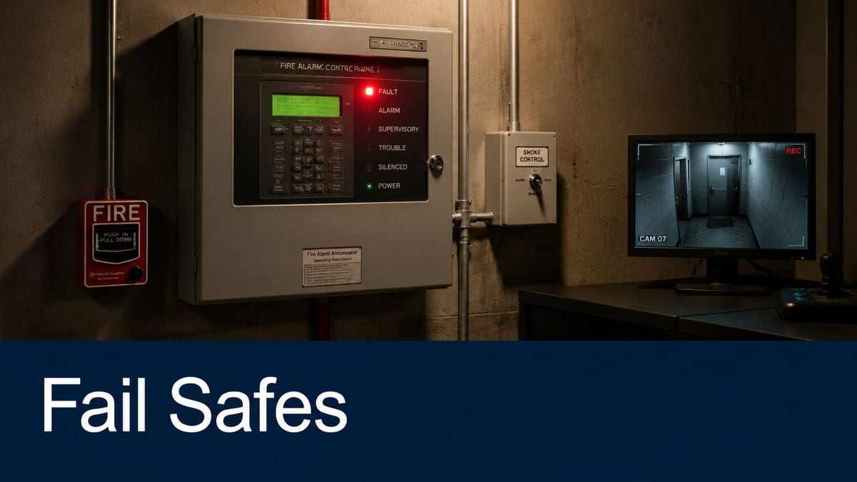 A gray fire alarm control panel mounted on a concrete wall next to a security monitor.