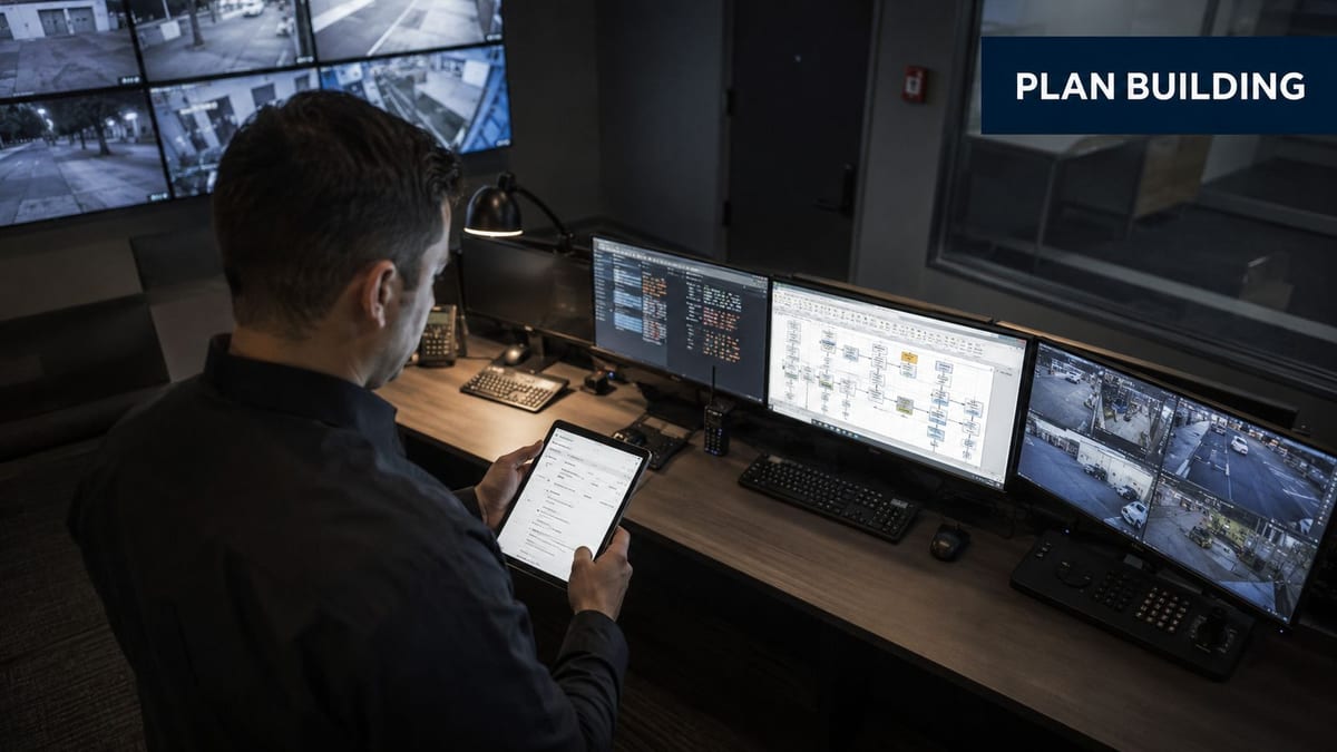 A security professional monitoring surveillance cameras and flow chart data on multiple computer screens and a tablet.