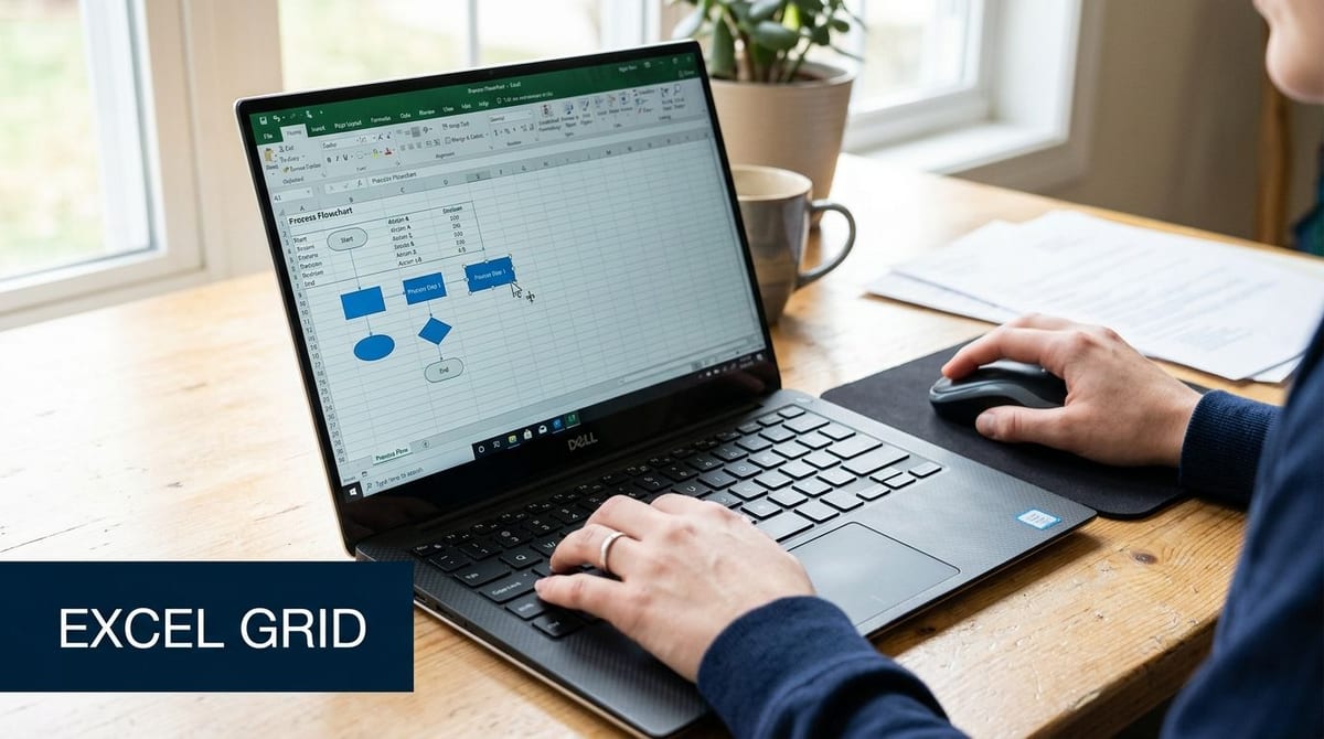 A person working on a flow chart in Excel on a Dell laptop at a wooden desk.