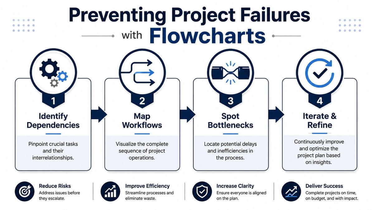 A four-step infographic illustrating how flow charts can be used to prevent project failures in business management.