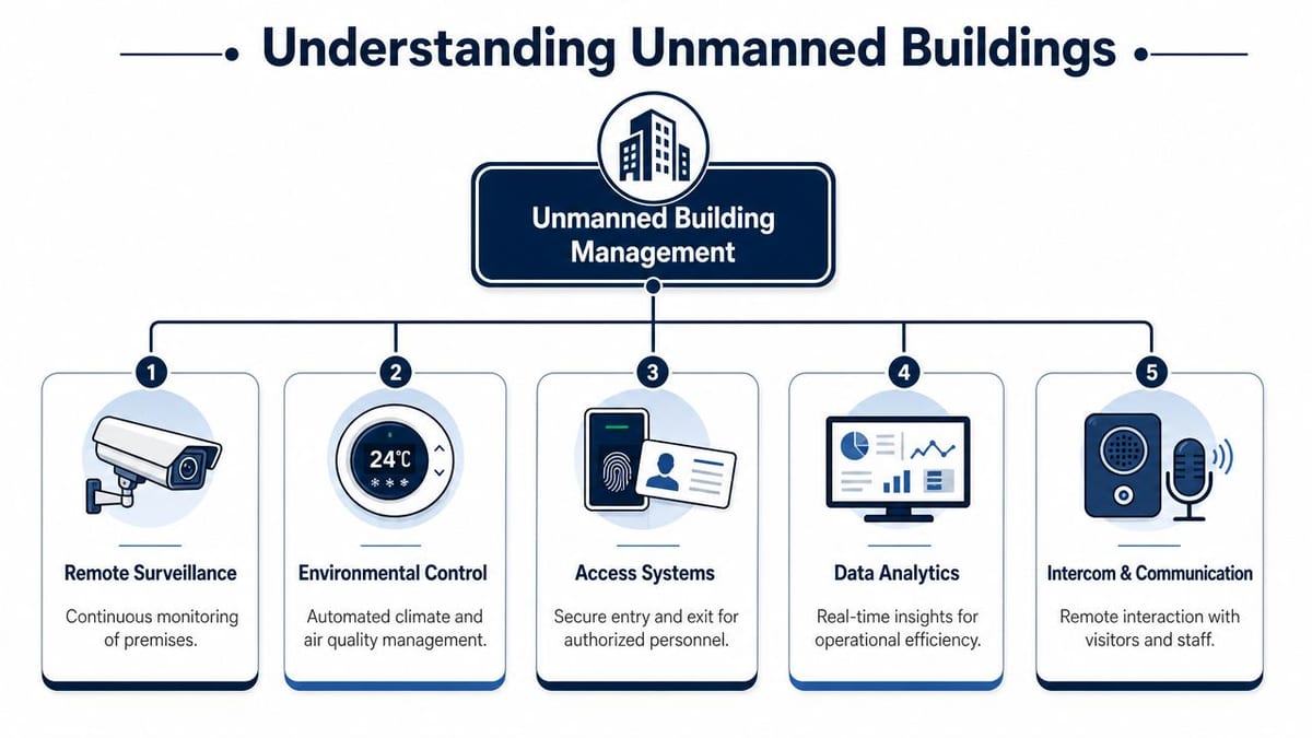 A diagram illustrating five key components of unmanned building management including surveillance, environmental control, and security.