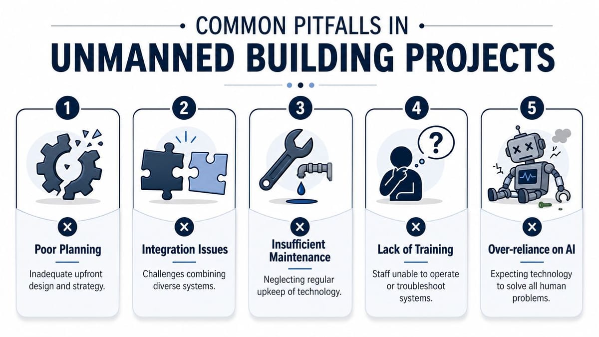 An infographic detailing five common pitfalls in unmanned building projects including poor planning and integration issues.
