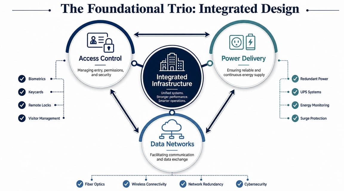 A diagram illustrating the foundational trio of integrated building design comprising access control, power delivery, and data networks.