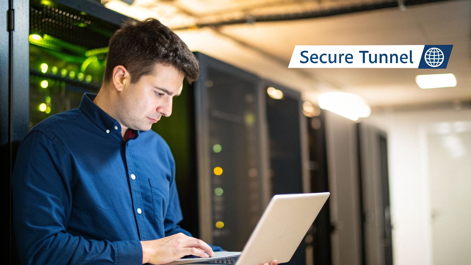 A focused IT professional works on a laptop in a server room, managing network infrastructure.