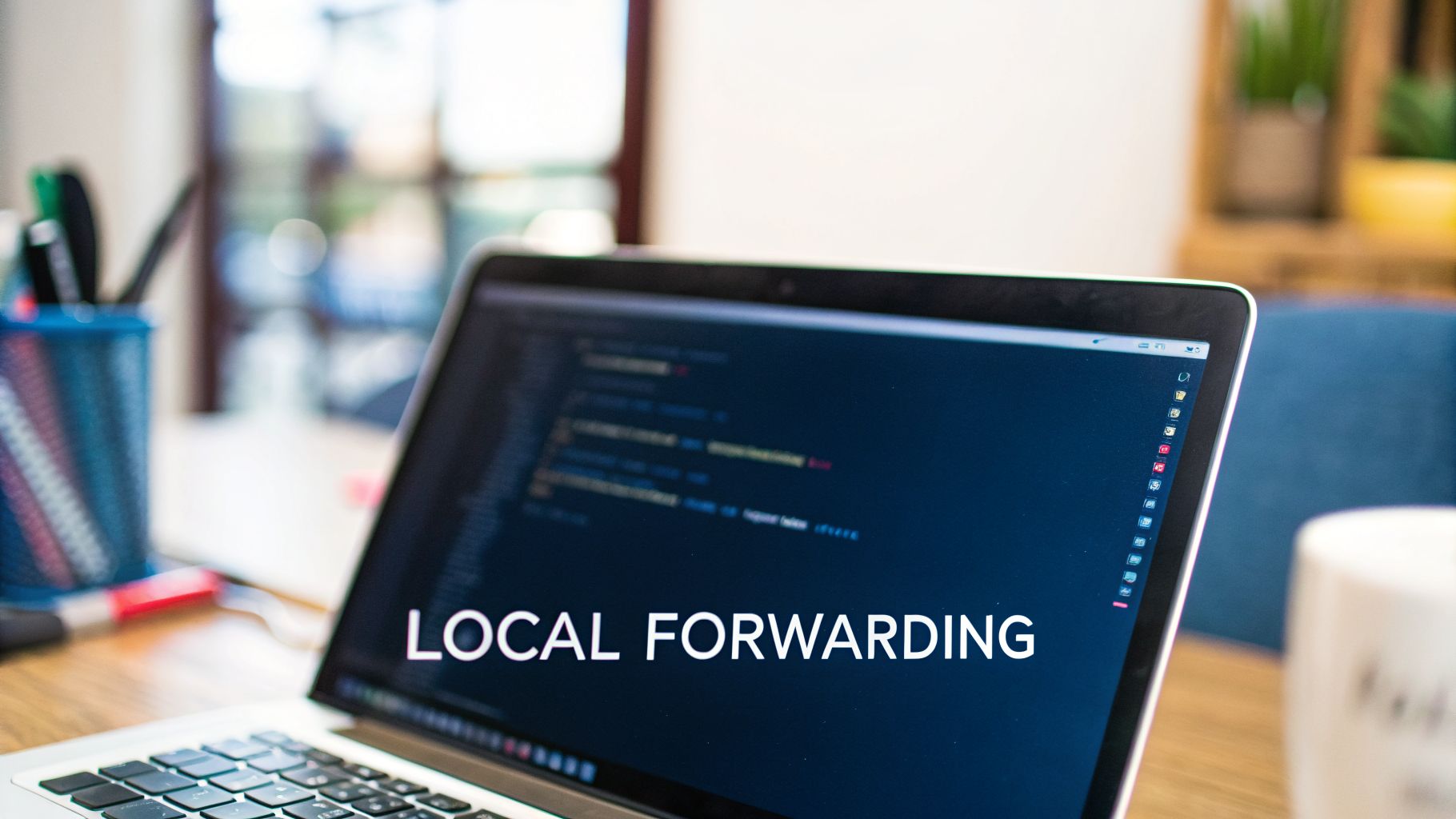 A laptop screen displaying 'LOCAL FORWARDING' with code, on a desk in an office setting.