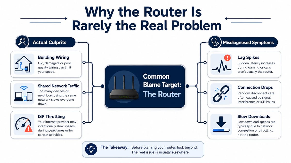 An infographic titled Why the Router Is Rarely the Real Problem, explaining factors affecting internet connection performance.