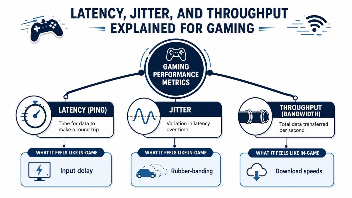 An infographic explaining the differences between latency, jitter, and throughput in the context of gaming performance.