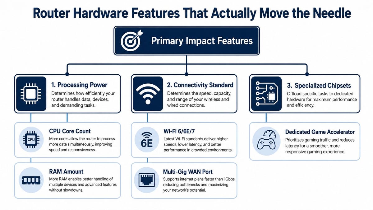 An infographic detailing essential router hardware features like processing power, connectivity standards, and specialized chipsets for improved performance.
