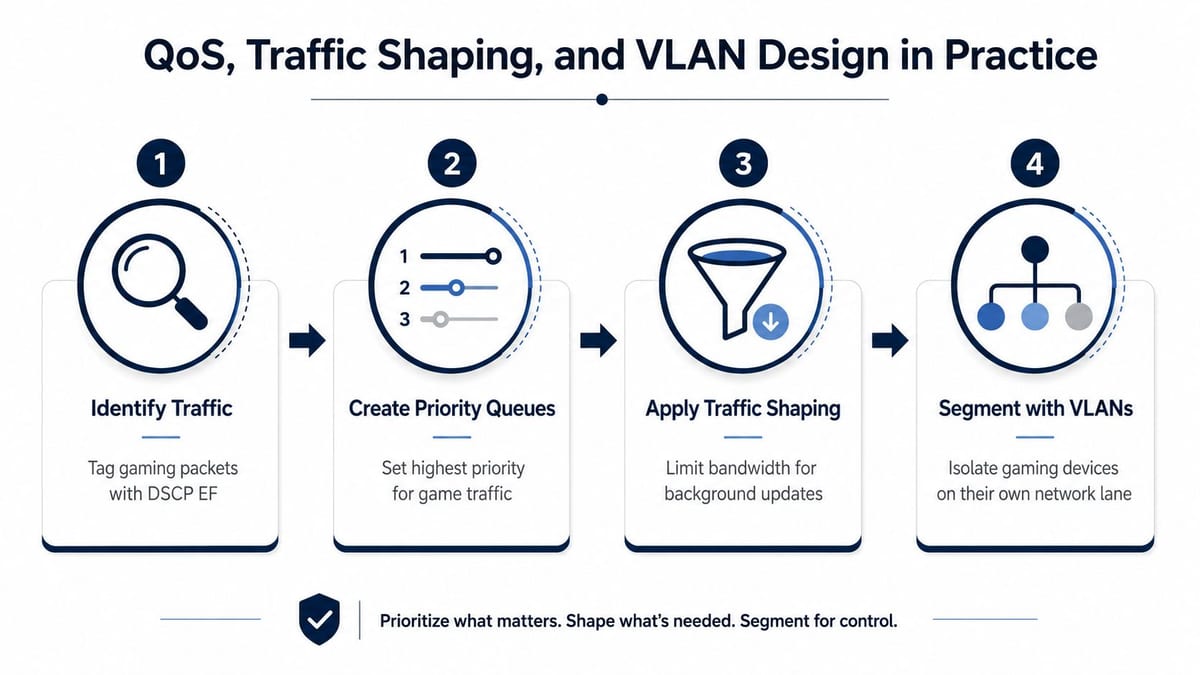 A diagram outlining the four steps for QoS, traffic shaping, and VLAN configuration for gaming networks.