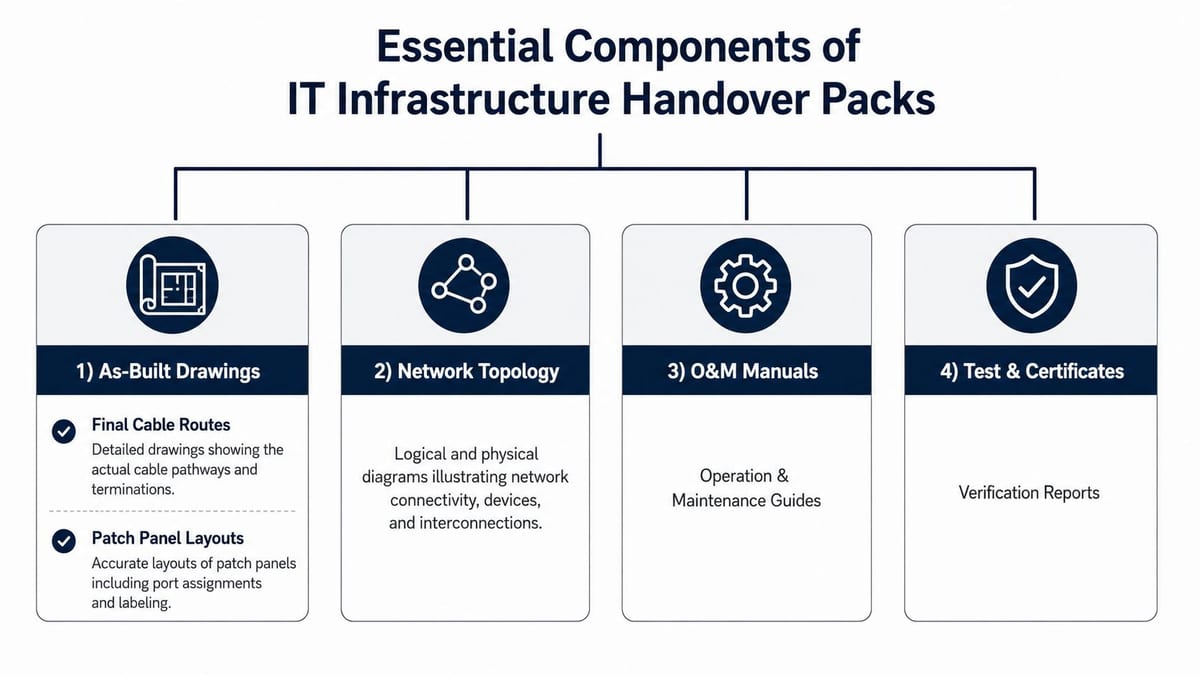 A diagram outlining the four essential components of IT infrastructure handover packs including drawings, topologies, manuals, and certificates.