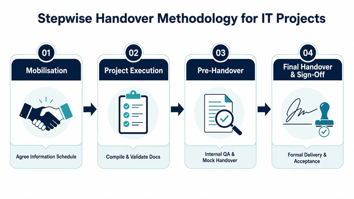A four-step flow chart illustrating the stepwise handover methodology process for successful IT project management.