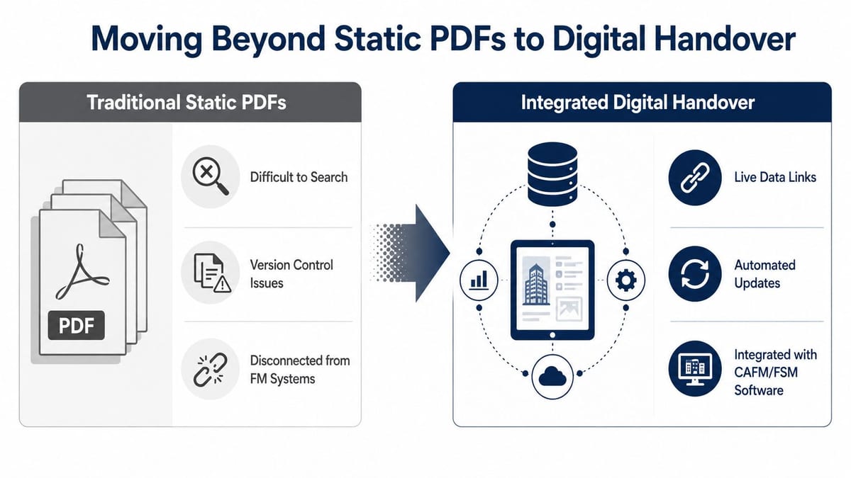 A comparison infographic showing the shift from difficult, static PDF documentation to integrated digital facility handover systems.