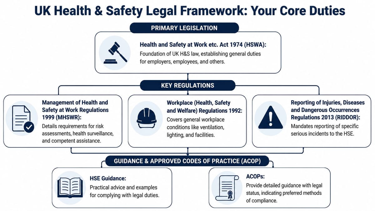 A flow chart illustrating the UK Health and Safety legal framework, including primary legislation, regulations, and guidance.