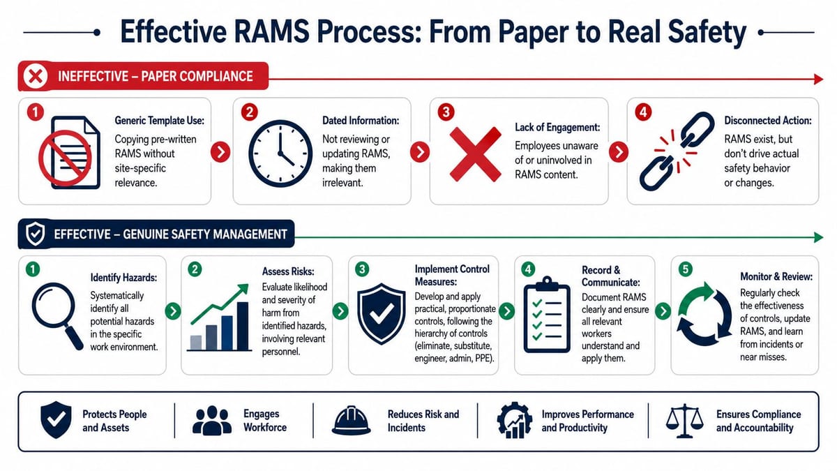 A diagram comparing ineffective paper-based compliance versus effective, genuine safety management processes in the workplace.