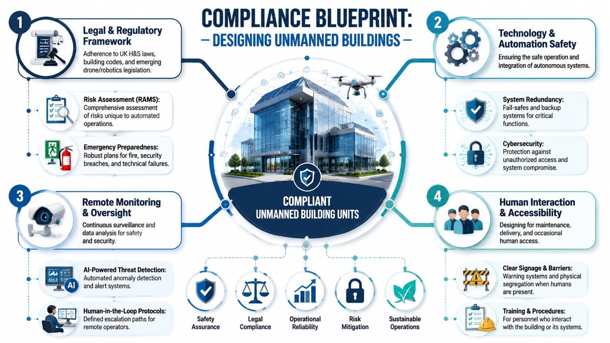 A detailed compliance blueprint infographic for designing and managing safe, automated unmanned building units.