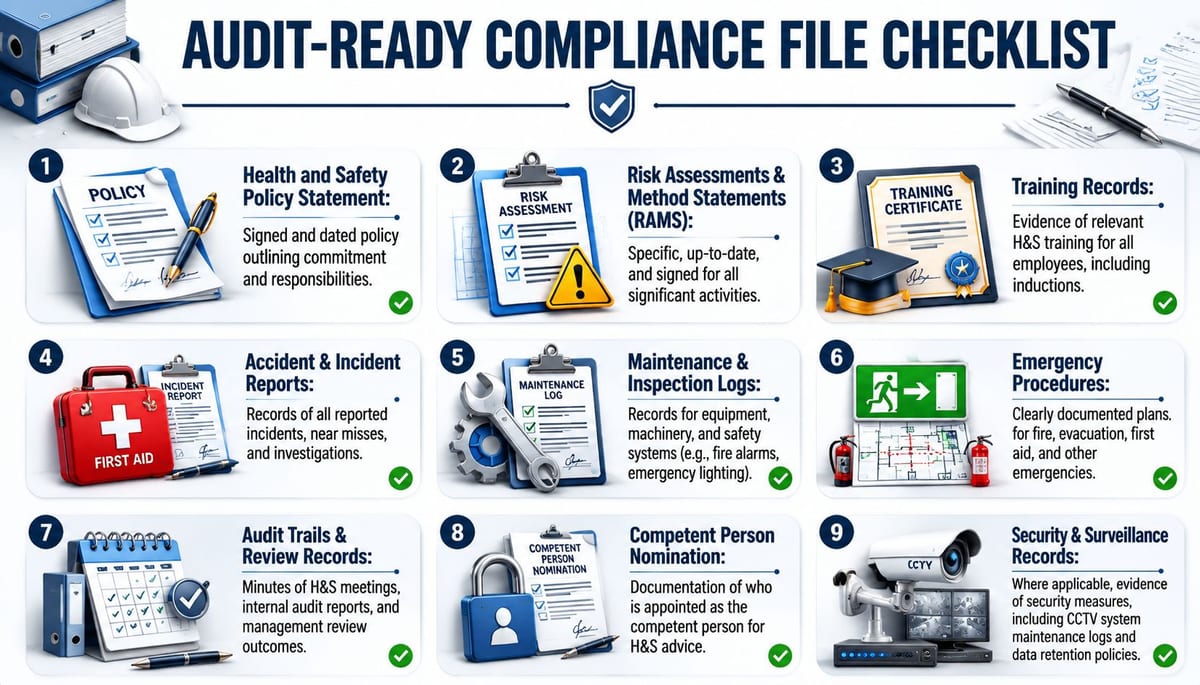 An infographic checklist outlining nine essential documents required for a health and safety compliance audit.