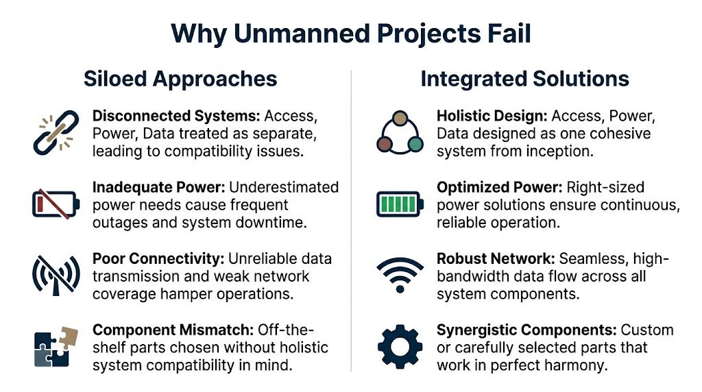 A comparison chart showing how siloed approaches versus integrated solutions affect the failure of unmanned projects.