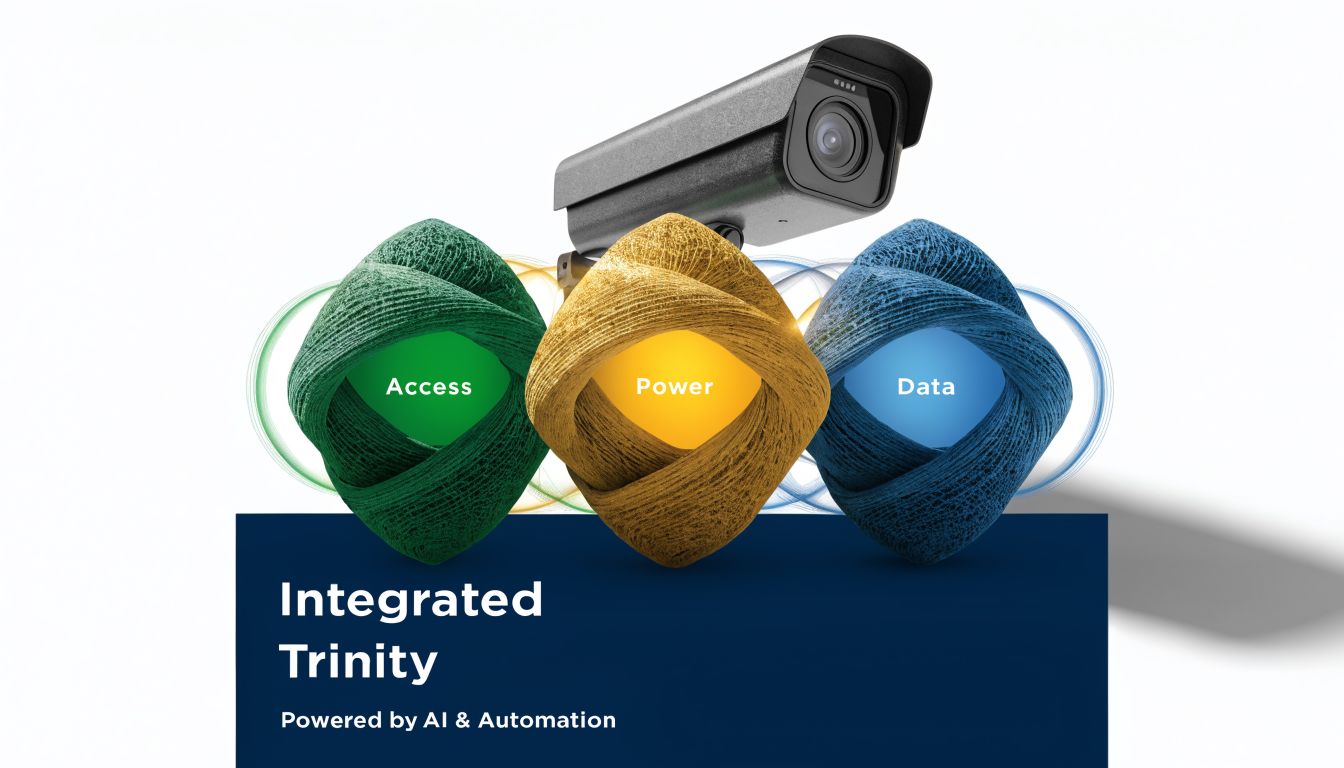 A digital graphic representing an integrated system of access, power, and data with a security camera above.