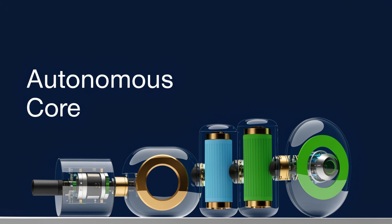A conceptual 3D render showing an autonomous core with modular cylindrical components and internal electronics.