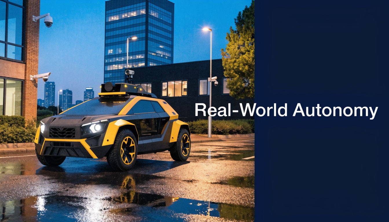 A futuristic autonomous vehicle driving on a wet road in front of modern commercial office buildings.
