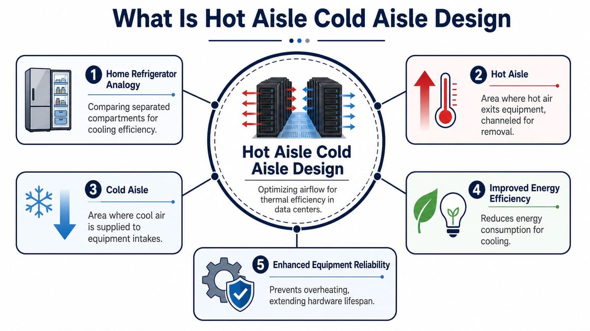 A diagram explaining hot aisle and cold aisle data center design, highlighting airflow optimization and thermal efficiency benefits.